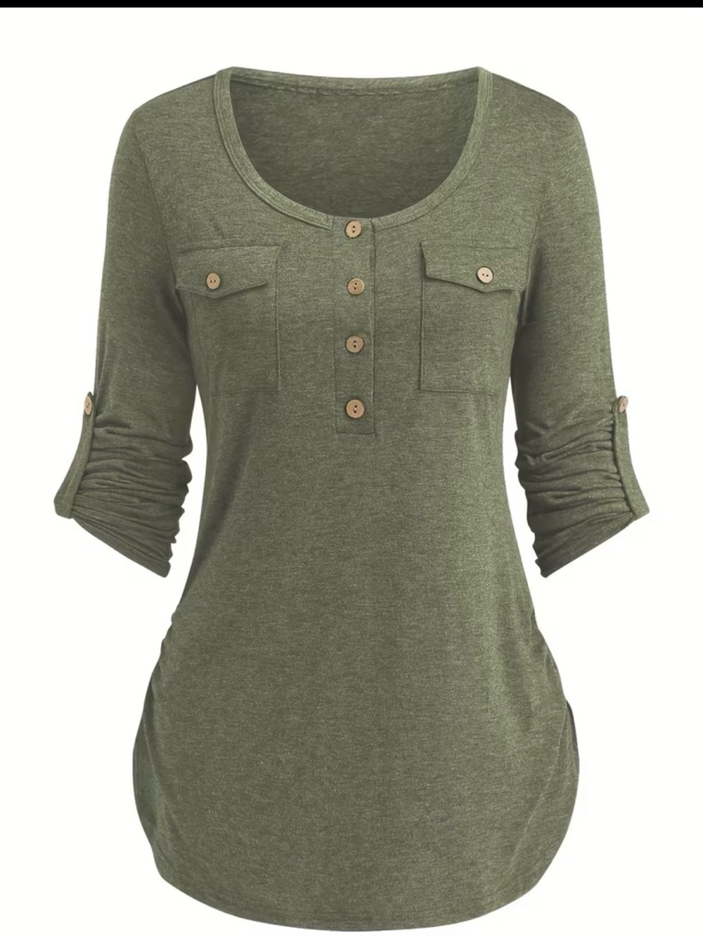 Women’s Olive Green Henley Button Pocket Roll-Tab Sleeve Top